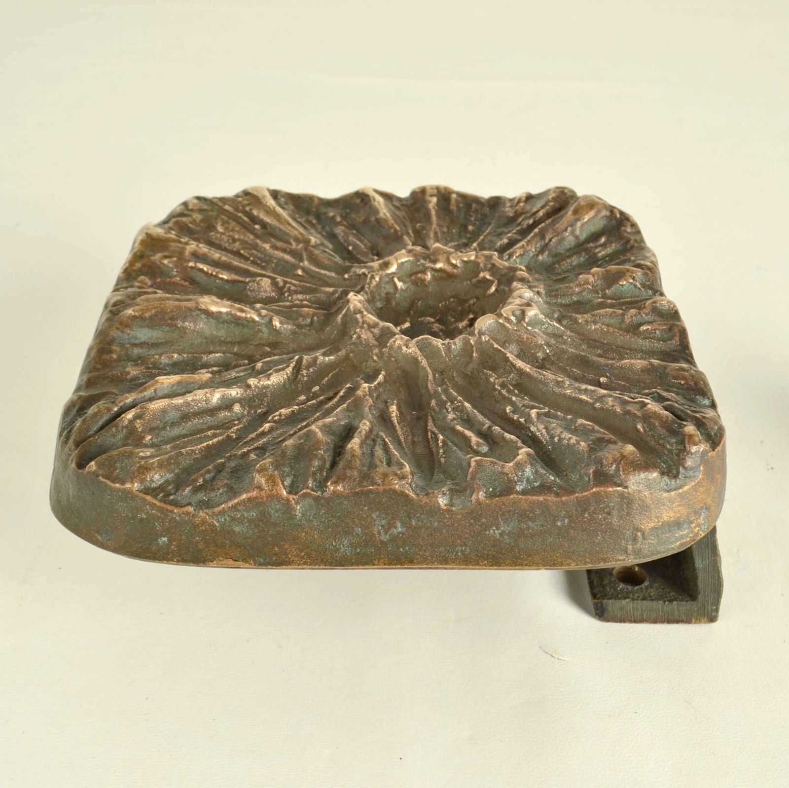 Brutalist Pair Of Bronze Square Push Pull Door Handles Flower Relief photo 1750.0