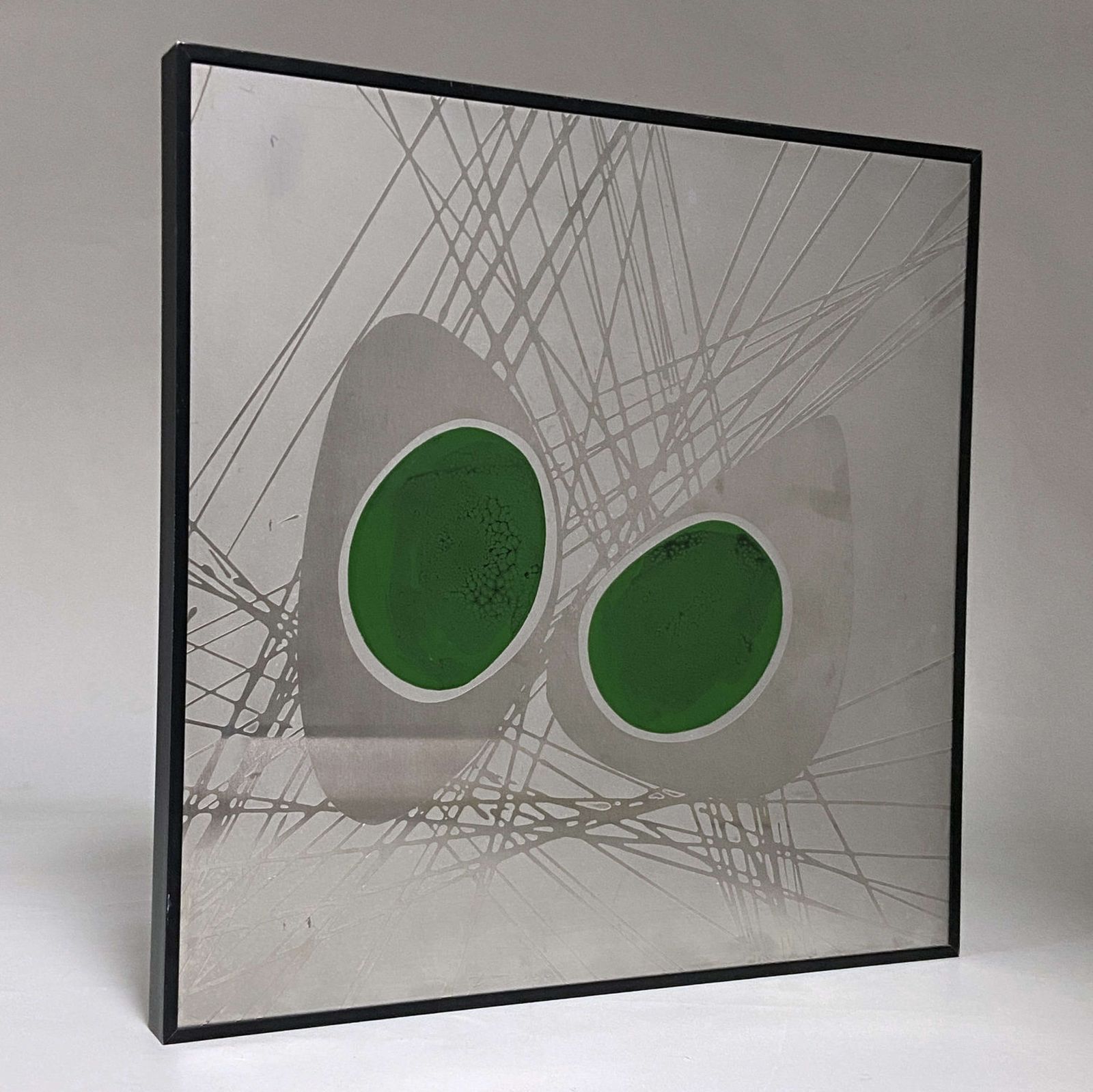 Metal Etched Abstract Painting With Green Enamel, Dutch 1970's photo furniture