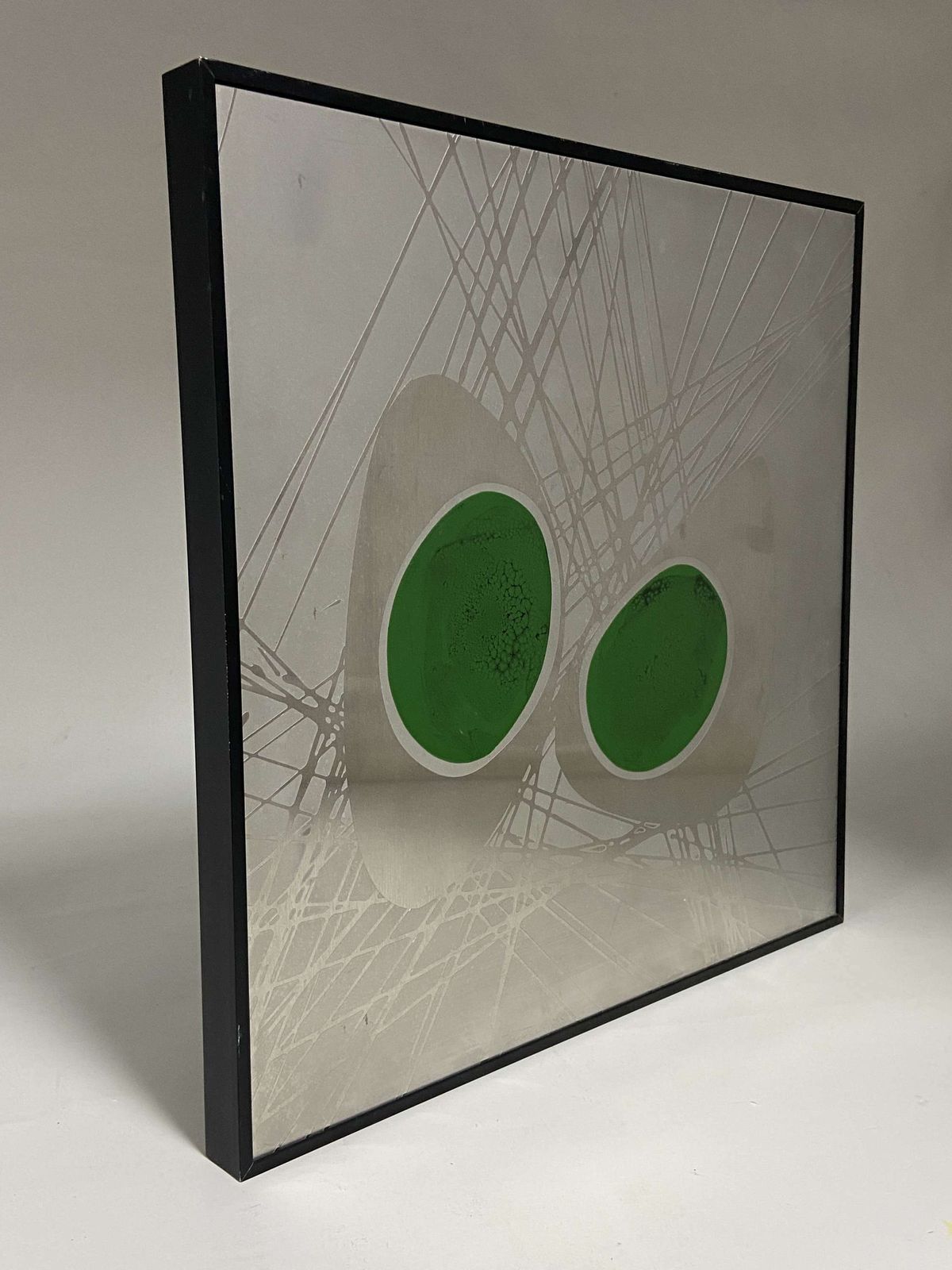 Metal Etched Abstract Painting With Green Enamel, Dutch 1970's photo for sale