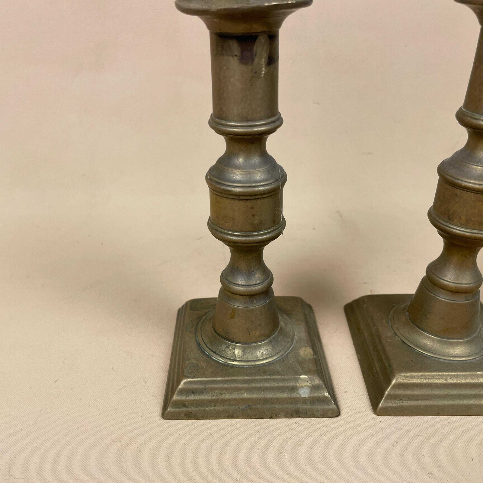 Antique Matching Pair Of Gold Brass Metal Candlestick Candle Stick Vintage Column Taper Dinner Candlesticks Chunky Square Base photo Home Decor