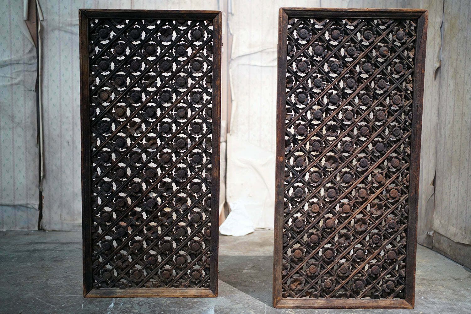 A Rare Pair Of Yuan Dynasty Period Chinese Wooden Lattice Window Shutters C.1350 photo Home Fixtures