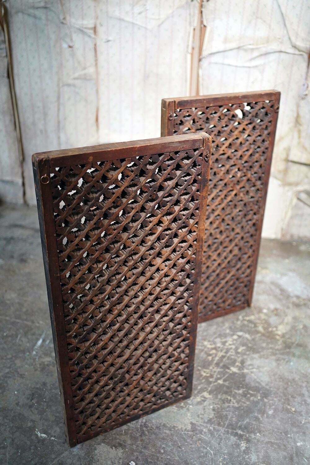 photo for sale A Rare Pair Of Yuan Dynasty Period Chinese Wooden Lattice Window Shutters C.1350