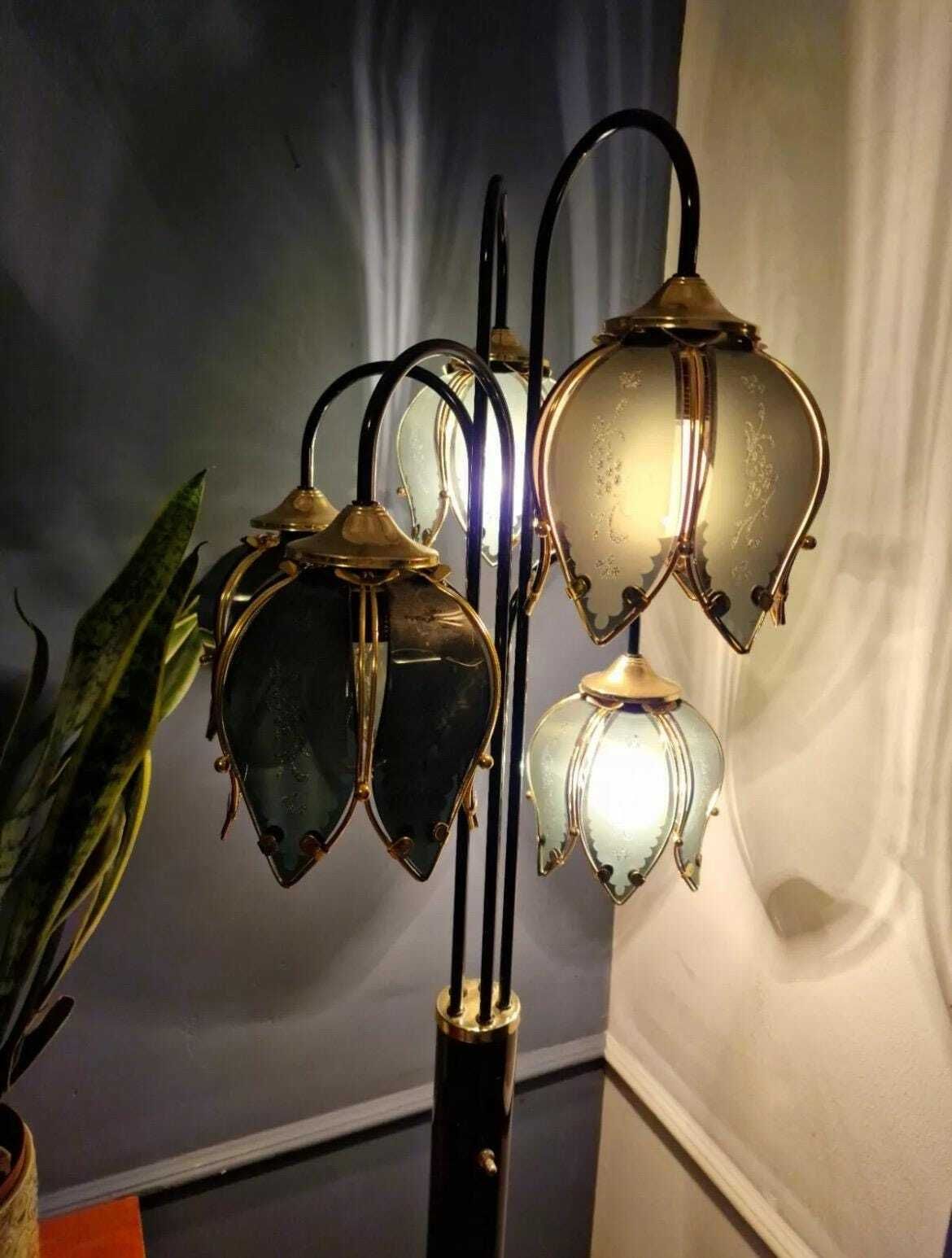 Tall Vintage Hollywood Regency Style Floor Standing 5 Stem Black Lotus Lamp With Striking And Rare Black Shades photo 389.0