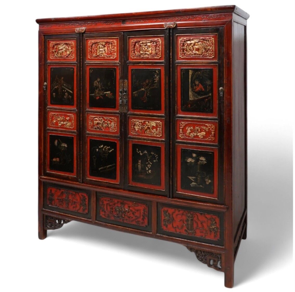 19th Century Elm Chinese Lacquered Marriage Cabinet