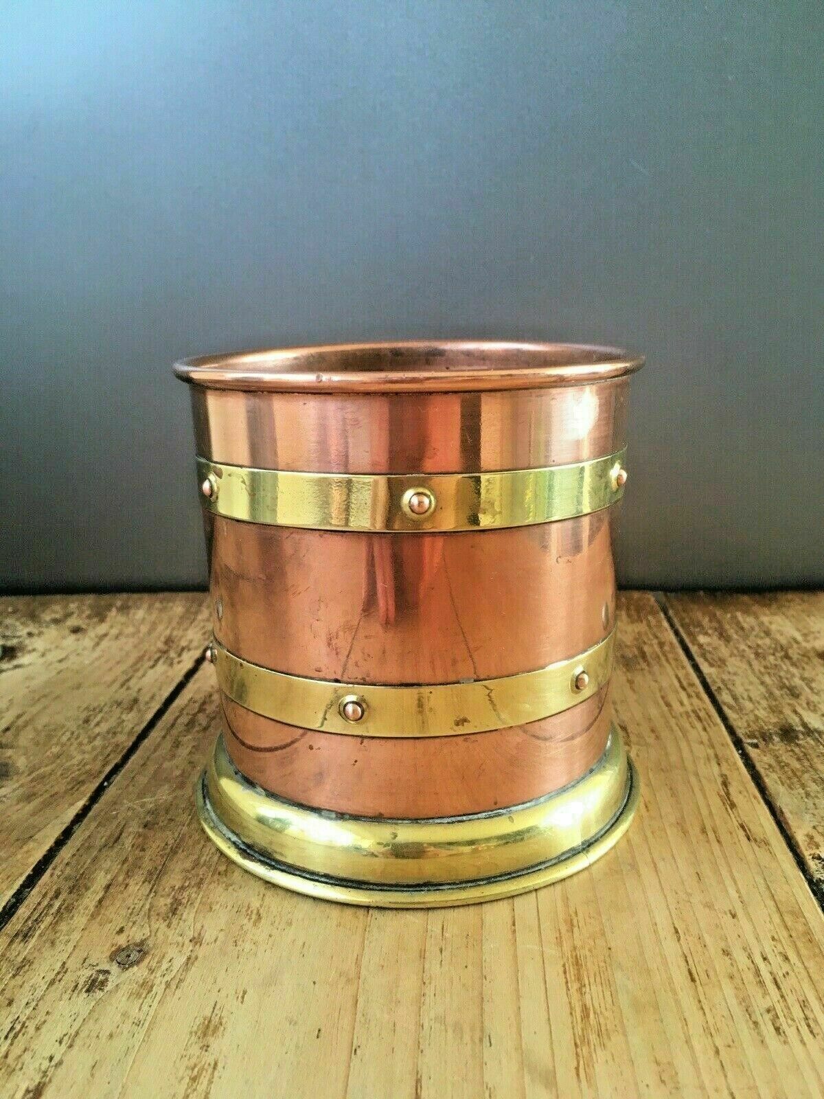 Linton Copper & Brass Banded Riveted Cylinder Planter Plant Pot Antique Vintage photo vinterior