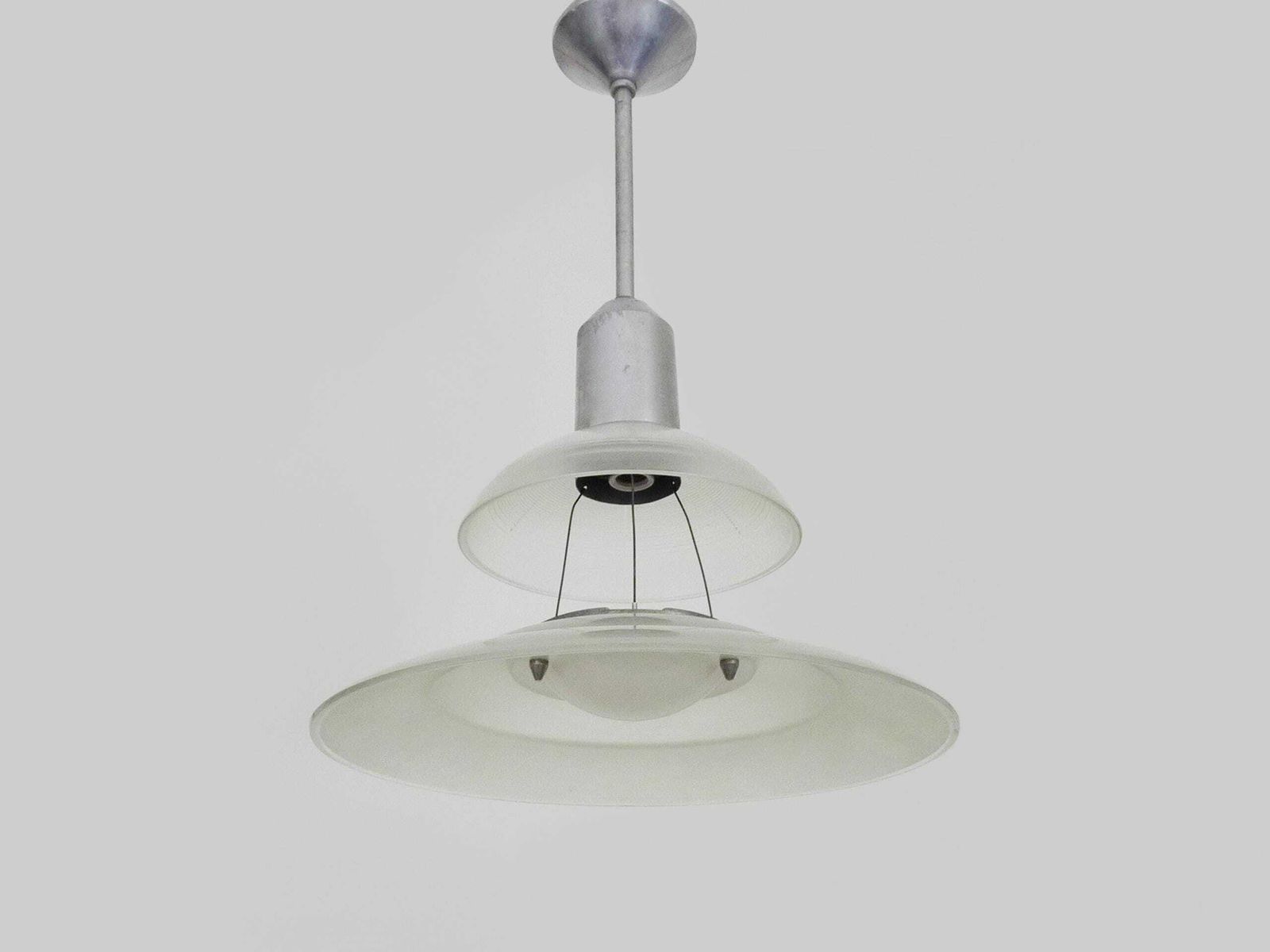 Chandelier, Space Age Suspension Flying Saucer Industrial Holophane Style In Glass. 70s photo for sale