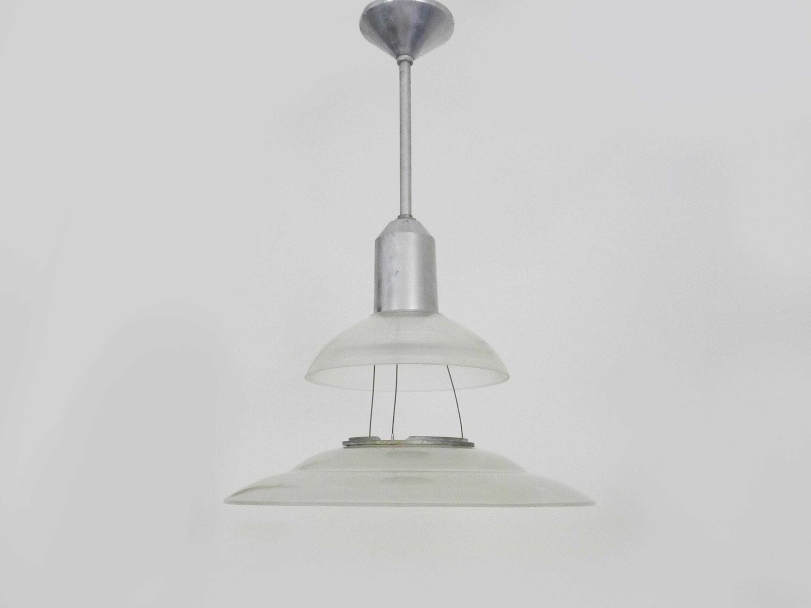 Chandelier, Space Age Suspension Flying Saucer Industrial Holophane Style In Glass. 70s photo Lighting