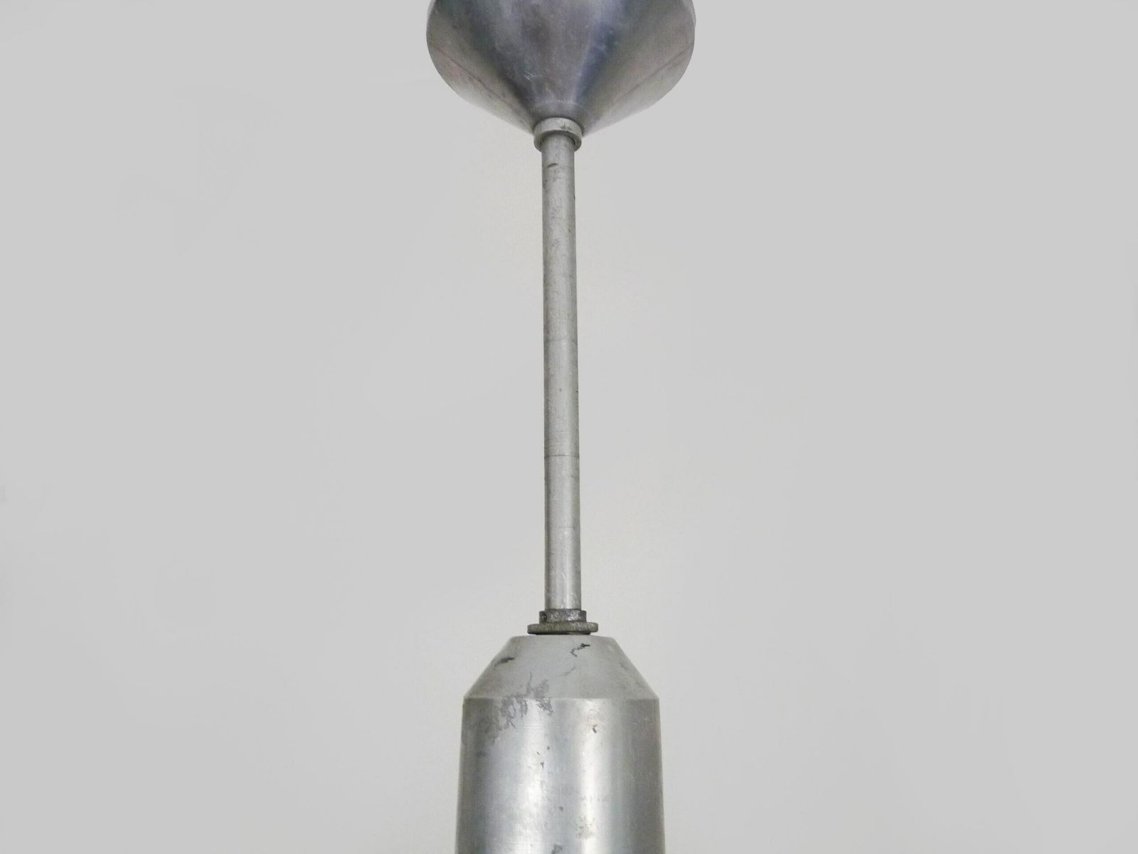 Chandelier, Space Age Suspension Flying Saucer Industrial Holophane Style In Glass. 70s photo vintage