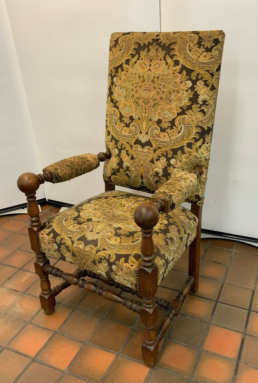Antique Dutch Oak Wood Tapestry Arm Chair photo for sale