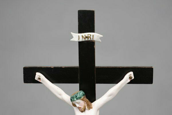 Holy Water Font In Porcelain With Crucifix From Vieux Andenne, Belgium, 20th Century photo for sale