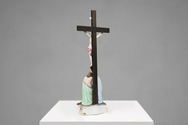 photo for sale Holy Water Font In Porcelain With Crucifix From Vieux Andenne, Belgium, 20th Century