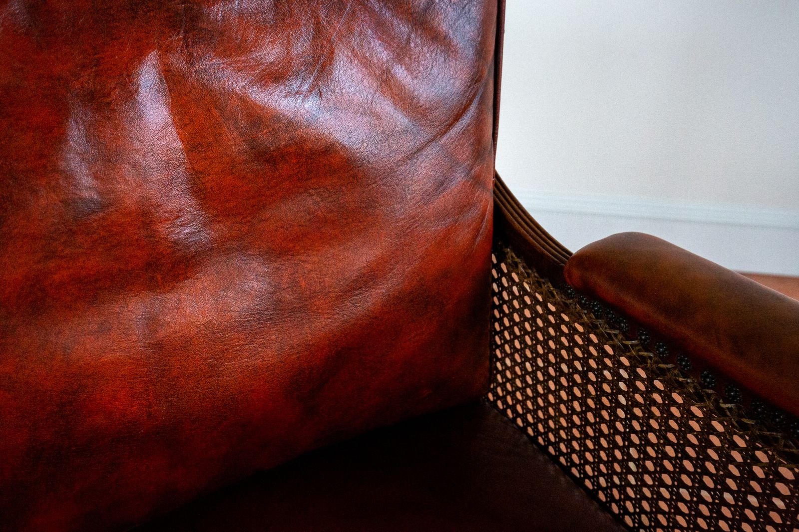 Fine Regency Bergere Leather Library Chair 1810 1820 Georgian Reading Red Leather Armchair Carved Cane Rattan Brass Castors photo Furniture