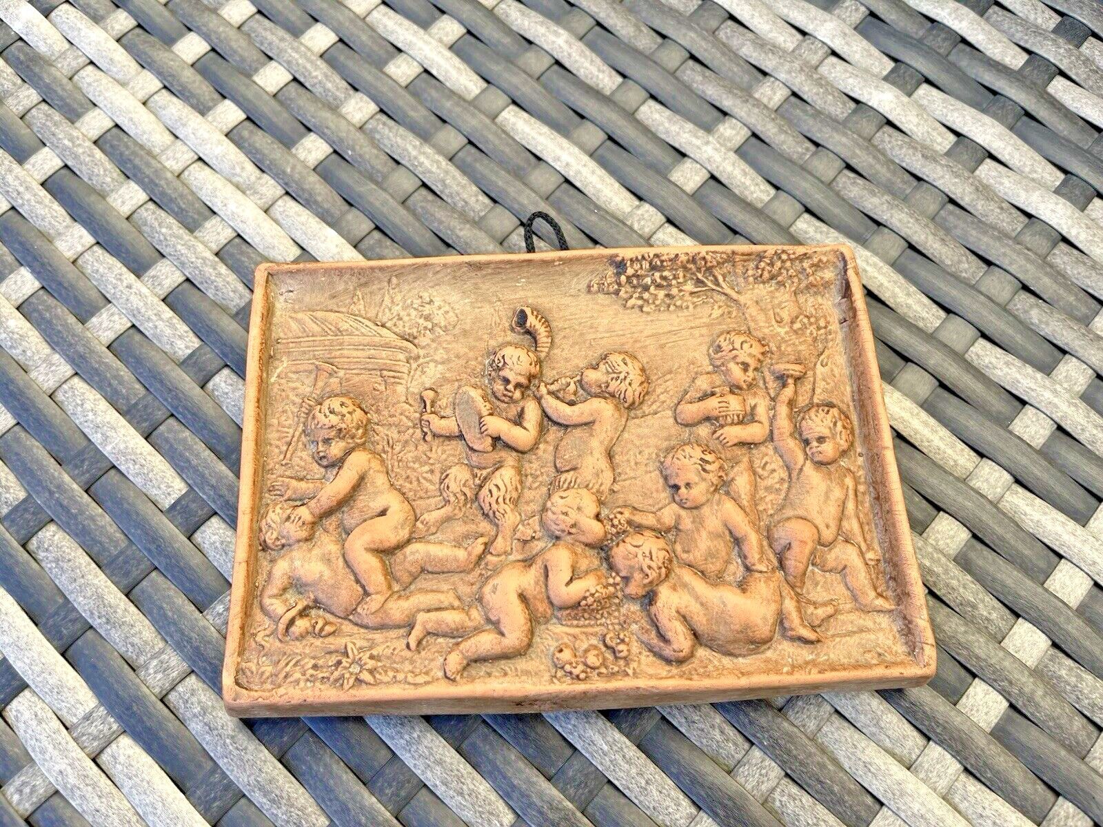 Art Italian Pottery Bacchanalian Mythical Cherub Putti Grape Vine Relief Wall Plaque photo