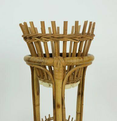 Mid Century Tiki Plant Stand In Bamboo Rattan, 1950s photo vintage