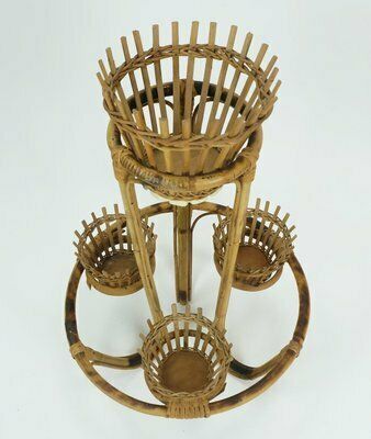 photo for sale Mid Century Tiki Plant Stand In Bamboo Rattan, 1950s
