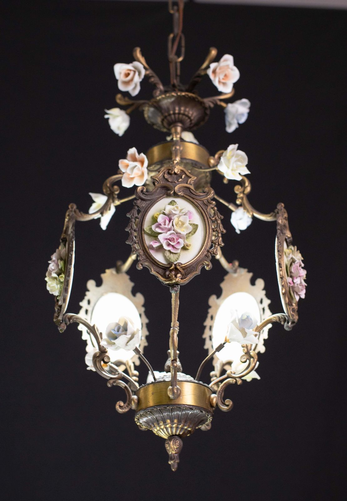 photo furniture Charming Vintage Art Nouveau Style Italian Ceramic Flower Chandelier, 1970