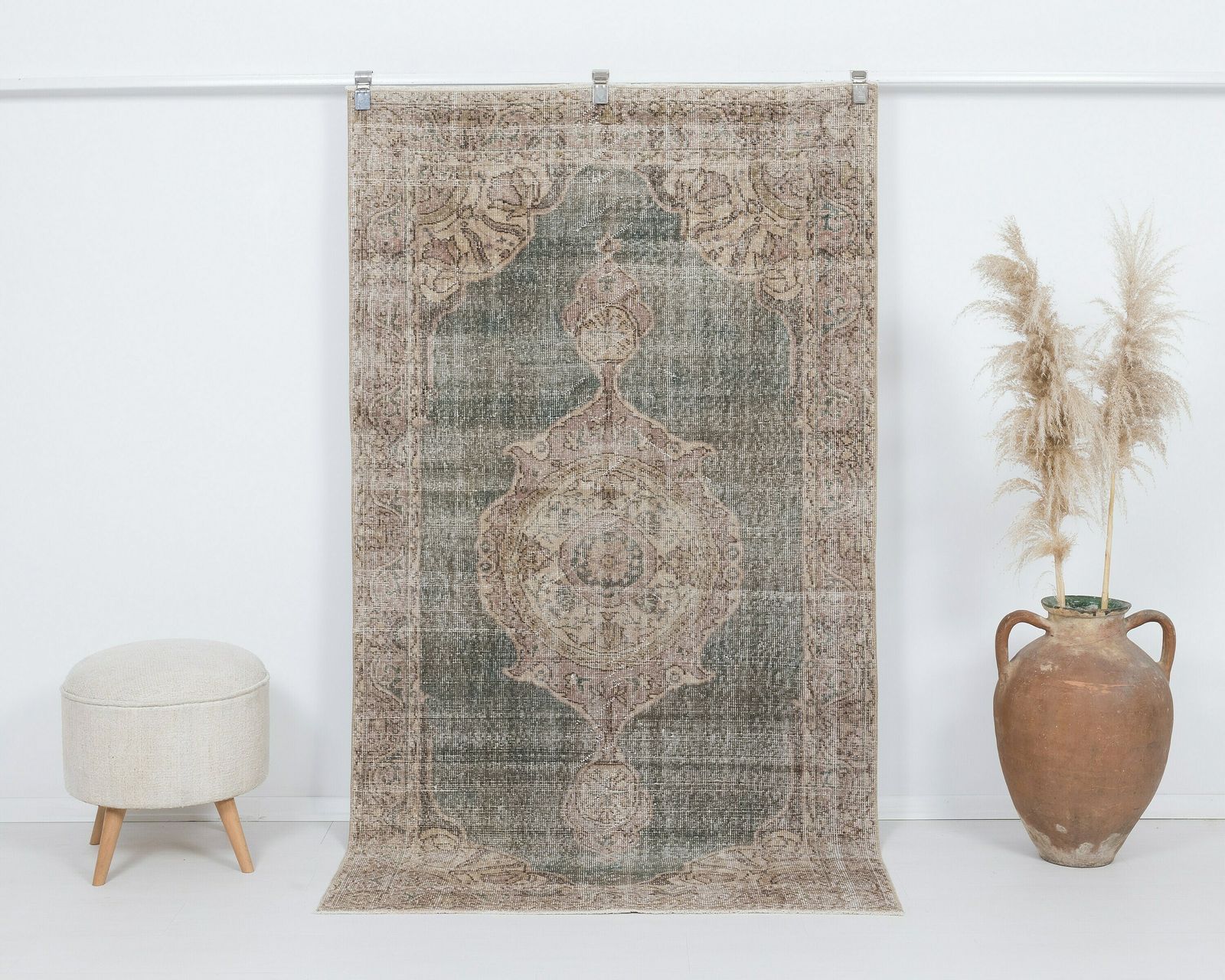 4x7 Vintage Rug, Green Faded Turkish Rug, Antique Handmade Rug,Old Rug, Anatolian Rug, Low Pile Rug, Naturel Rug,Kitchen Rug,Wool Rug, A4423