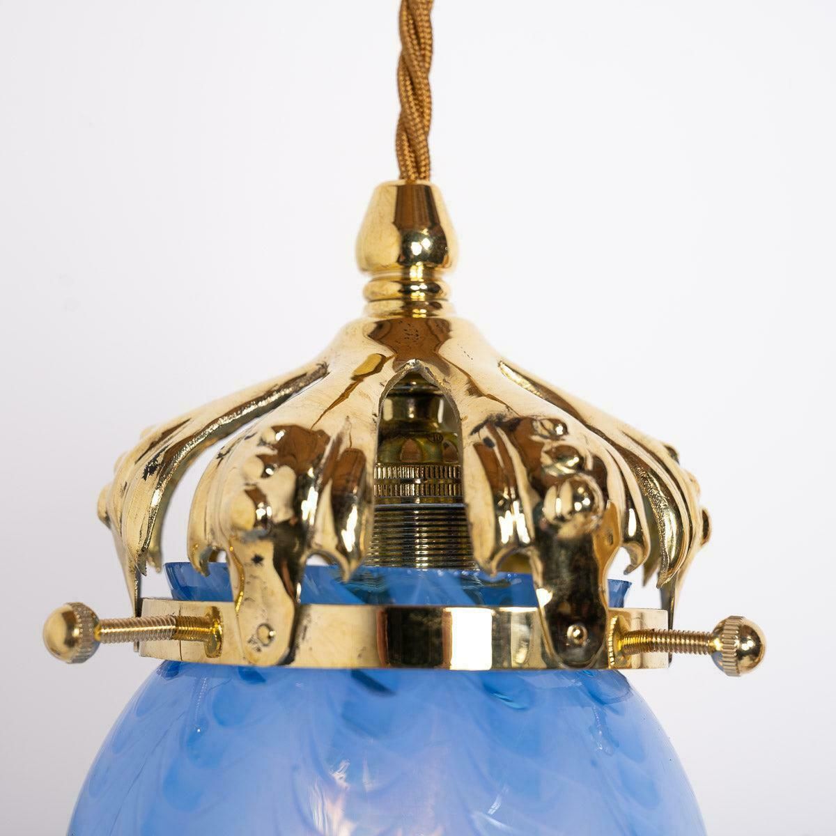 photo furniture Art Nouveau Style Polished Brass & Blue Swirl Vaseline Glass Acorn Shades