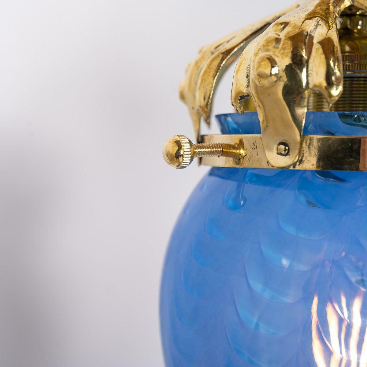 325.0 Art Nouveau Style Polished Brass & Blue Swirl Vaseline Glass Acorn Shades photo