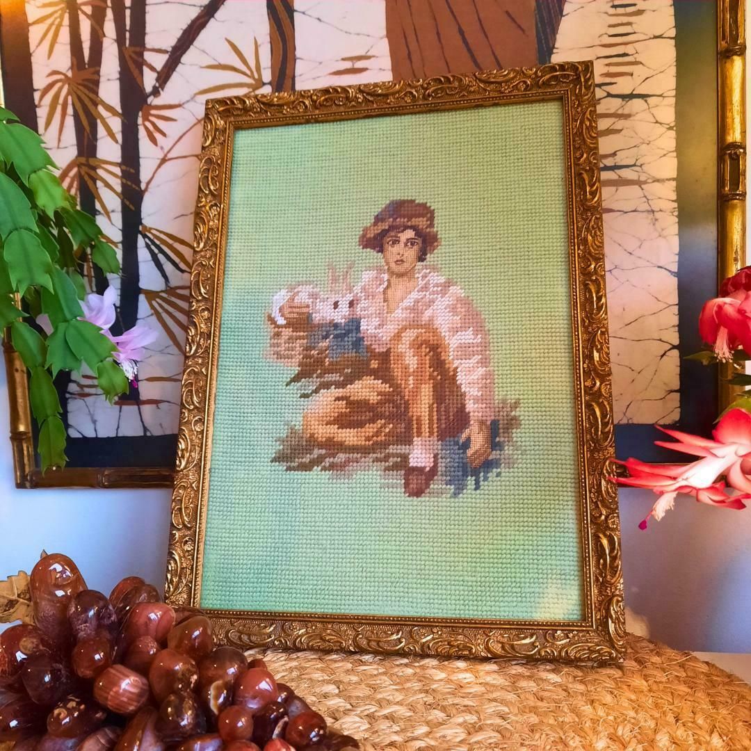 Old Needle Point Wooden Golden Frame Kid With Rabbit After Oil Painting By Sir Henry Raerburn, Cottage Core Wall Decor photo furniture