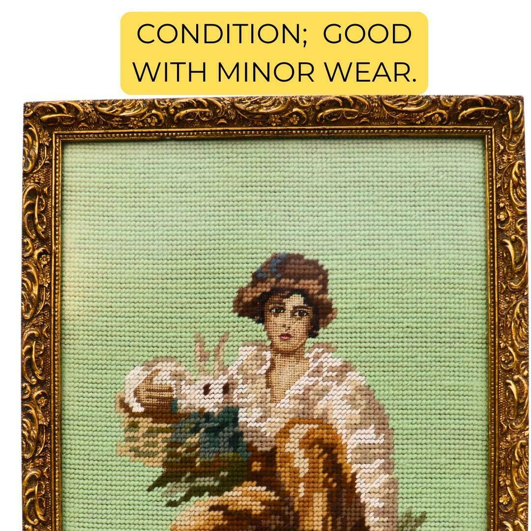 Old Needle Point Wooden Golden Frame Kid With Rabbit After Oil Painting By Sir Henry Raerburn, Cottage Core Wall Decor photo Art
