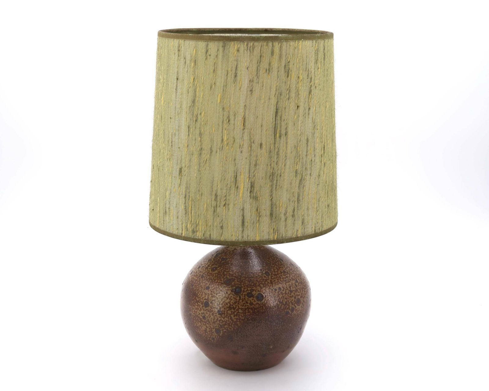 French Stoneware Ceramic Potter Table Lamp, Green Lampshade, 1970s, Vintage / Brown, Boho Chic, Folk, Bohemian, Rustic, Farmhouse, Cottage