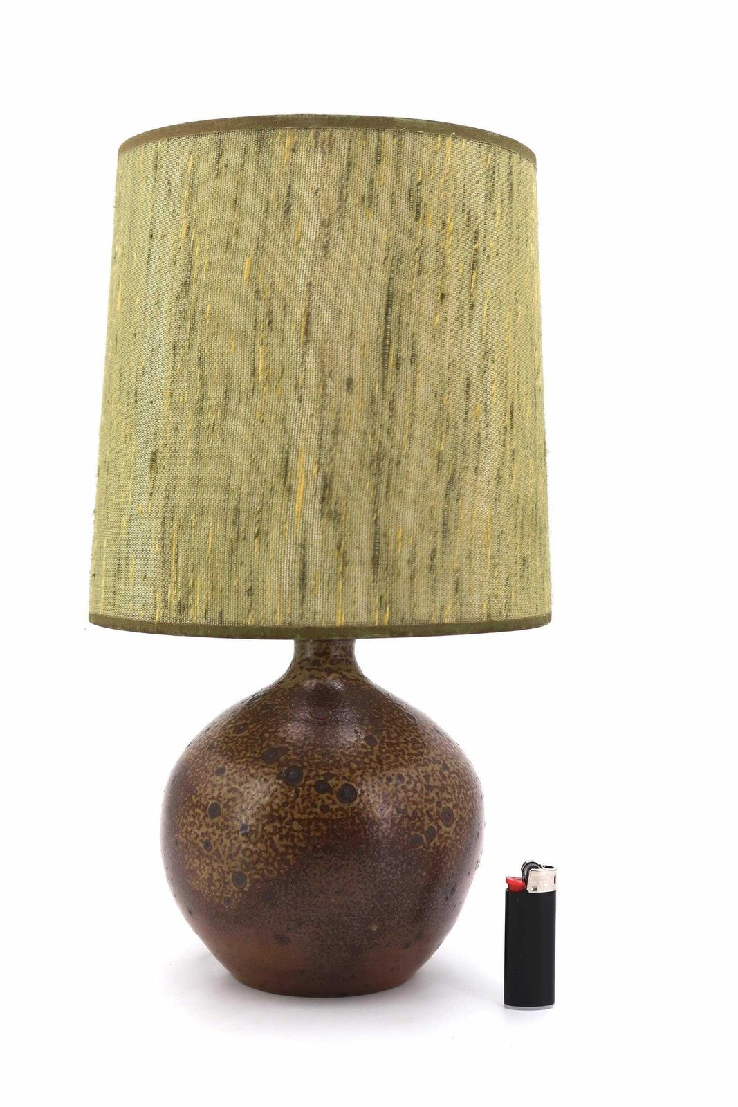 French Stoneware Ceramic Potter Table Lamp, Green Lampshade, 1970s, Vintage / Brown, Boho Chic, Folk, Bohemian, Rustic, Farmhouse, Cottage photo Lighting