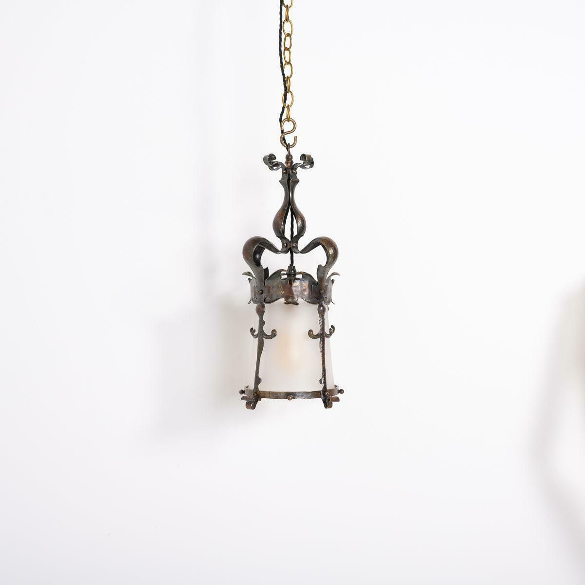 photo for sale English Arts & Crafts Decorative Hall Lantern With Satin Glass Shade