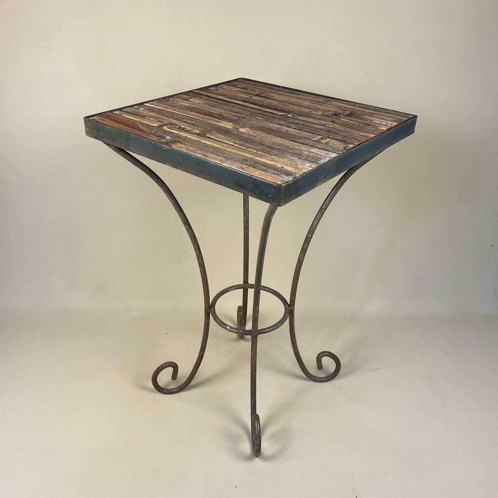 Bamboo Indoor / Outdoor Metal Base Coffee Table Vintage Boho Decorative Wood Glass Retro Brown Wood Wooden Square Antique Side