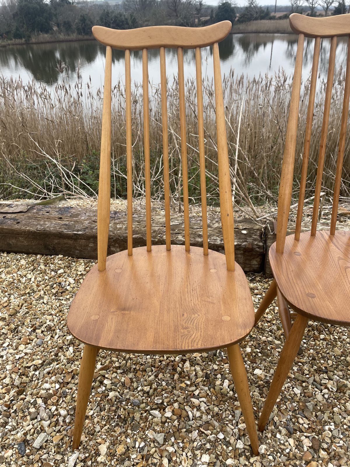 photo for sale Set Of 4 Ercol Goldsmith Dining Chairs In Blonde , Blue Label