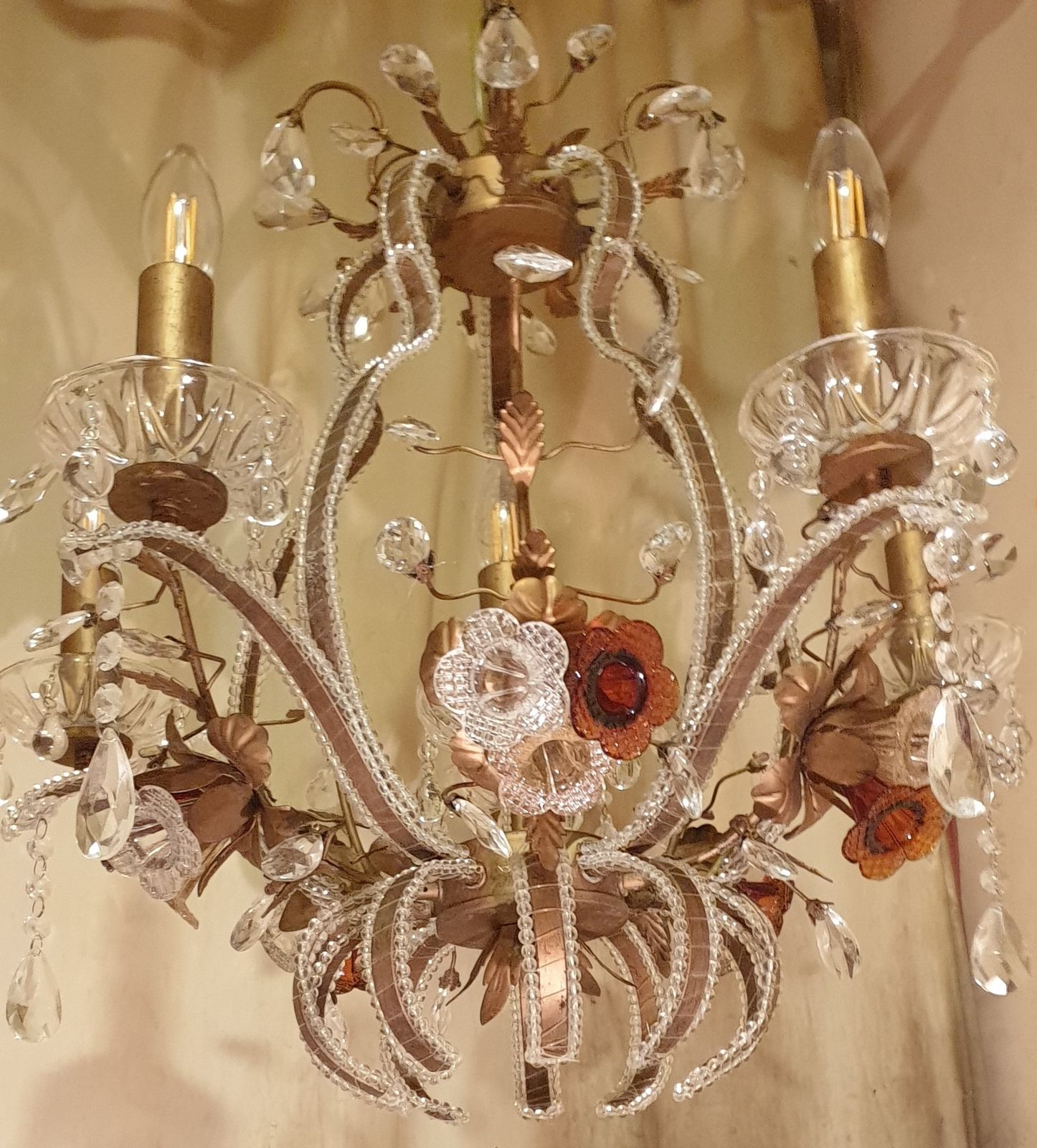 Exquisite Vintage Gold Leaf Tole Murano Crystal Beaded 6 Light Cage Chandelier  Circa 1950s photo vintage
