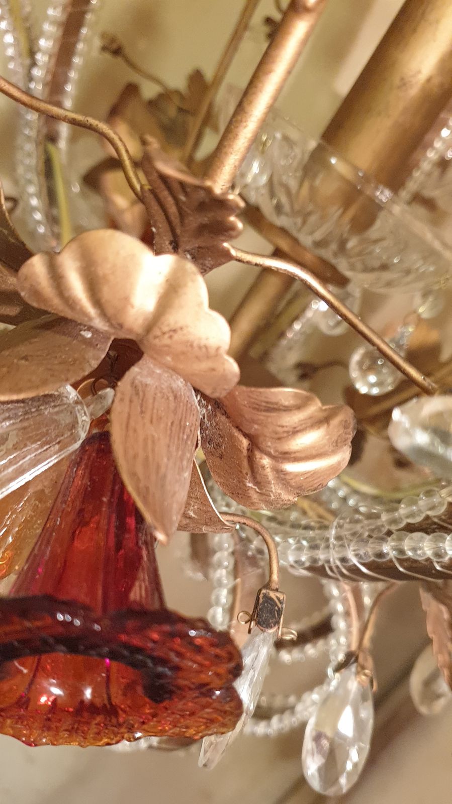 photo furniture Exquisite Vintage Gold Leaf Tole Murano Crystal Beaded 6 Light Cage Chandelier  Circa 1950s
