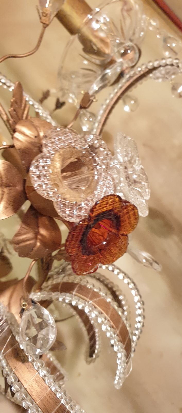 photo vintage Exquisite Vintage Gold Leaf Tole Murano Crystal Beaded 6 Light Cage Chandelier  Circa 1950s