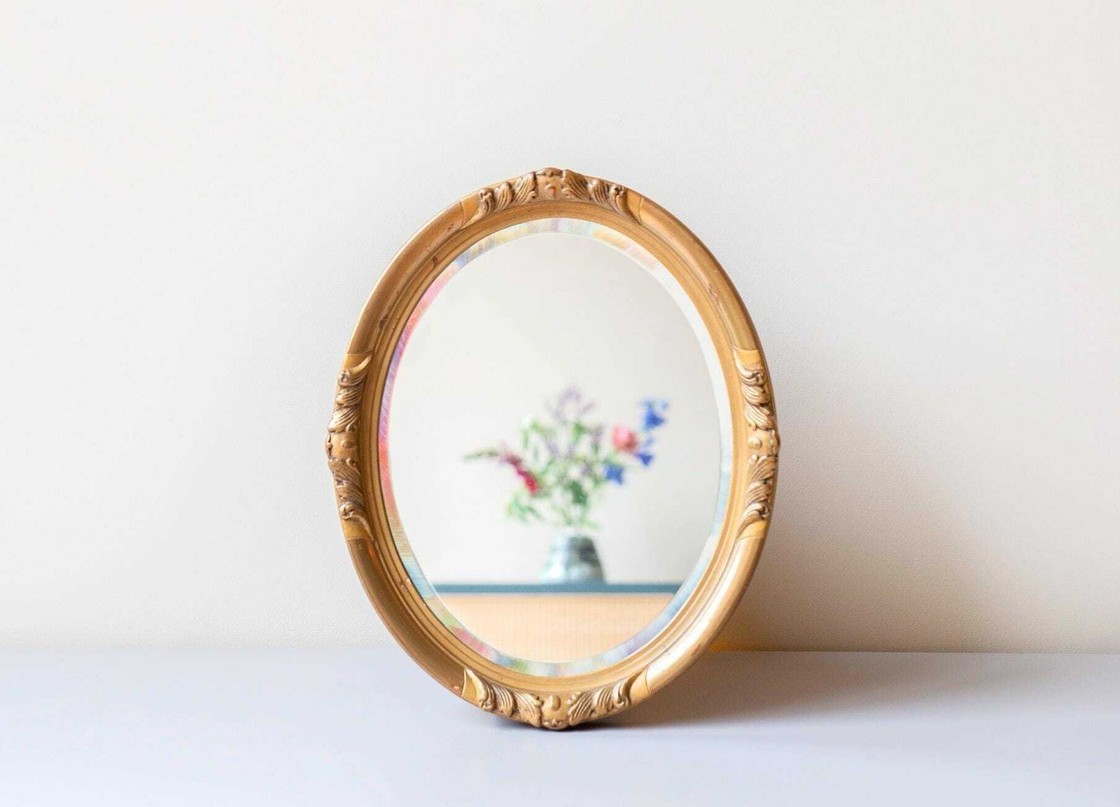 Oval Golden Mirror With Beveled Glass, Baroque Wall Mirror, Ornate Belgian Wall Mirror, Small Renaissance Style Mirror, 1960s Design