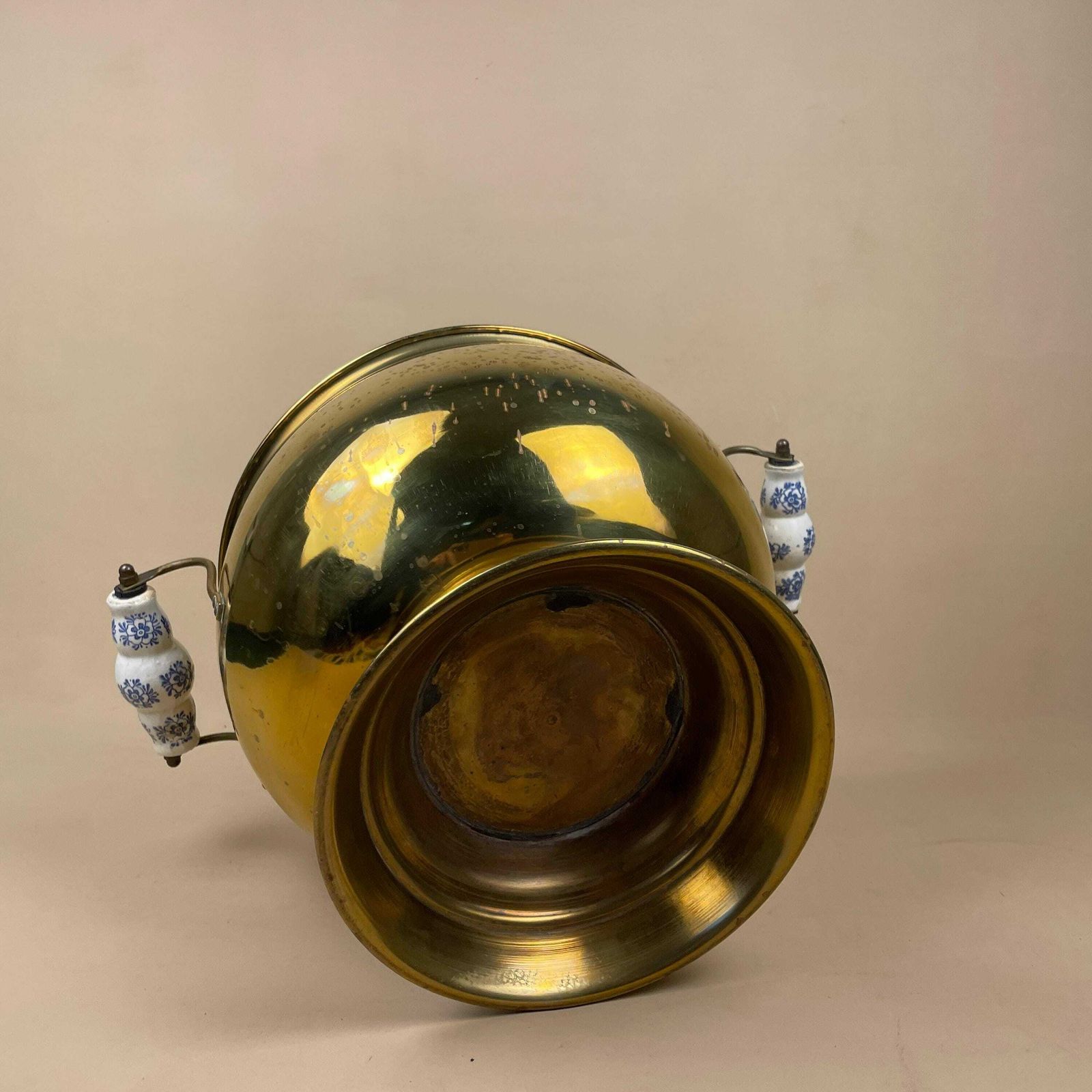 photo for sale Antique Metal Brass Gold Coal Bucket Ceramic Handle Fireside Fire Side Scuttle Log Planter Farmhouse Cottage Pot Patina Vintage Fireplace