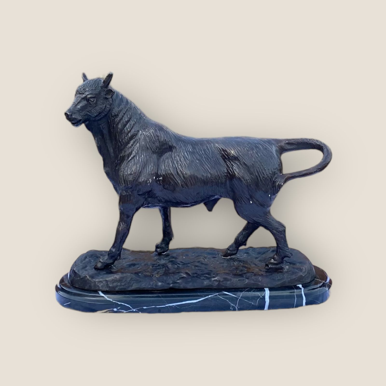 Vintage Bronze Bull Statue With A Marble Base After Barye, C.1960 photo furniture