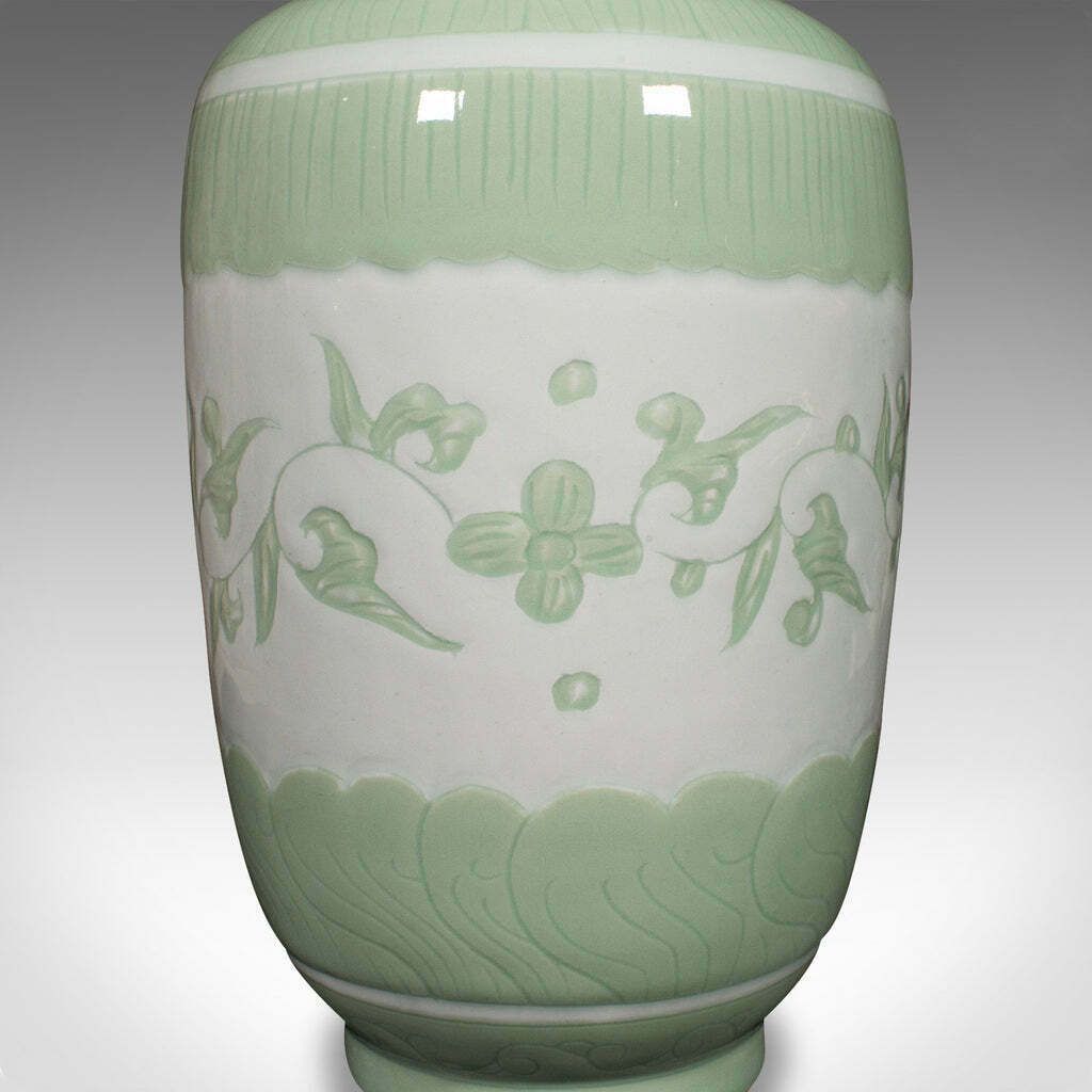 Large Antique Flower Bouquet Vase, Chinese, Celadon Ceramic Urn, Victorian, 1900 photo vintage