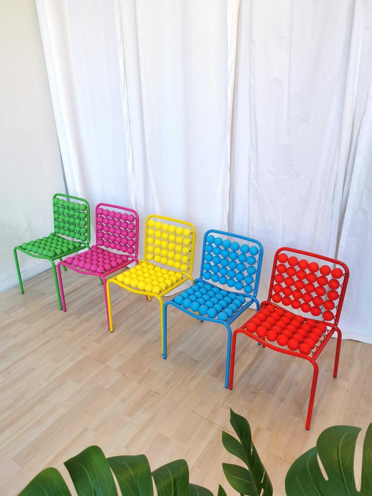 Set Of 5 Vintage Funky Pop Art Kids Chairs / Red Blue Yellow Pink Green Small Children Chair / Metal Base Plastic Balls / Slog Croatia 1980s