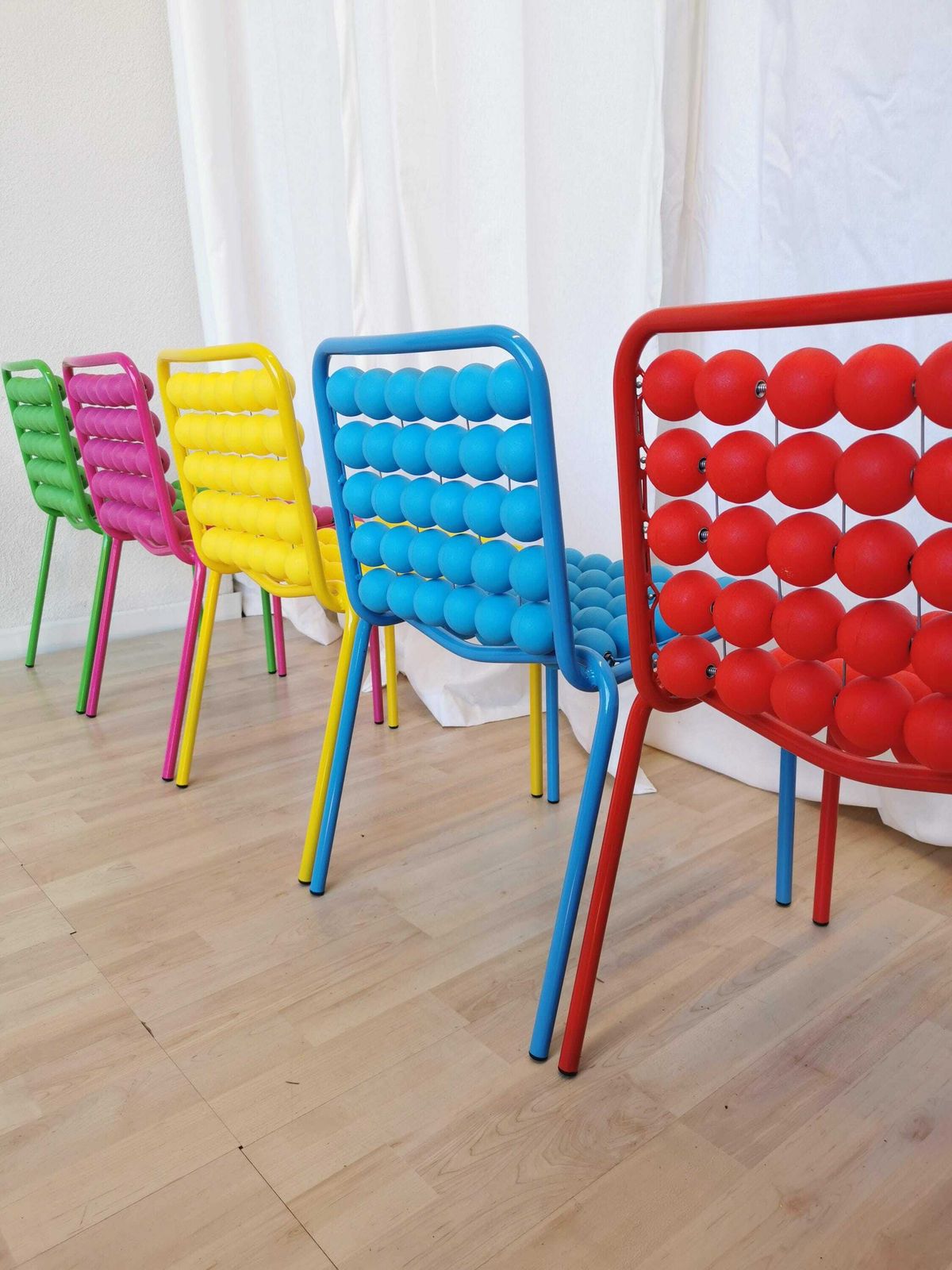 Set Of 5 Vintage Funky Pop Art Kids Chairs / Red Blue Yellow Pink Green Small Children Chair / Metal Base Plastic Balls / Slog Croatia 1980s photo furniture