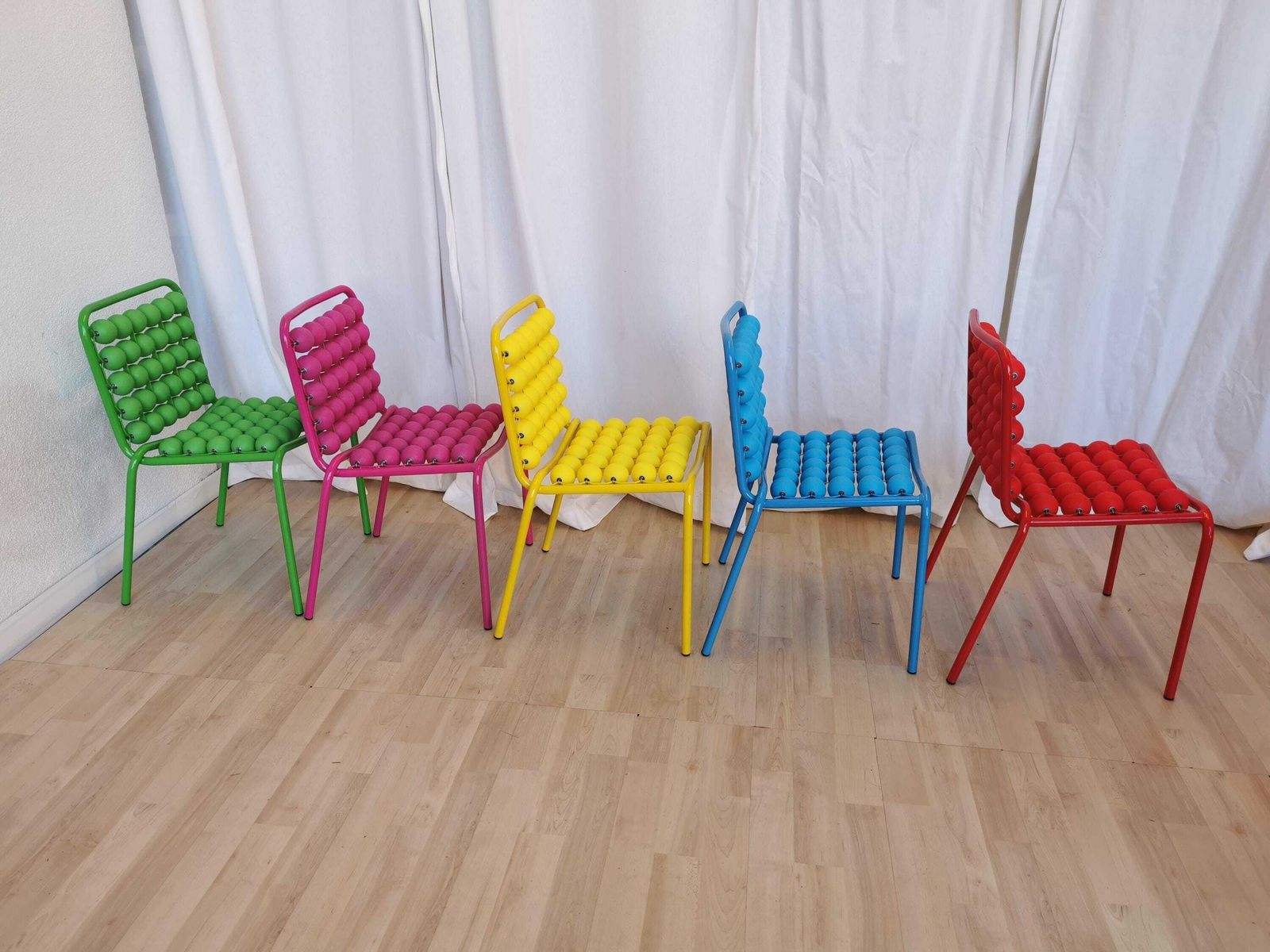 Set Of 5 Vintage Funky Pop Art Kids Chairs / Red Blue Yellow Pink Green Small Children Chair / Metal Base Plastic Balls / Slog Croatia 1980s photo for sale