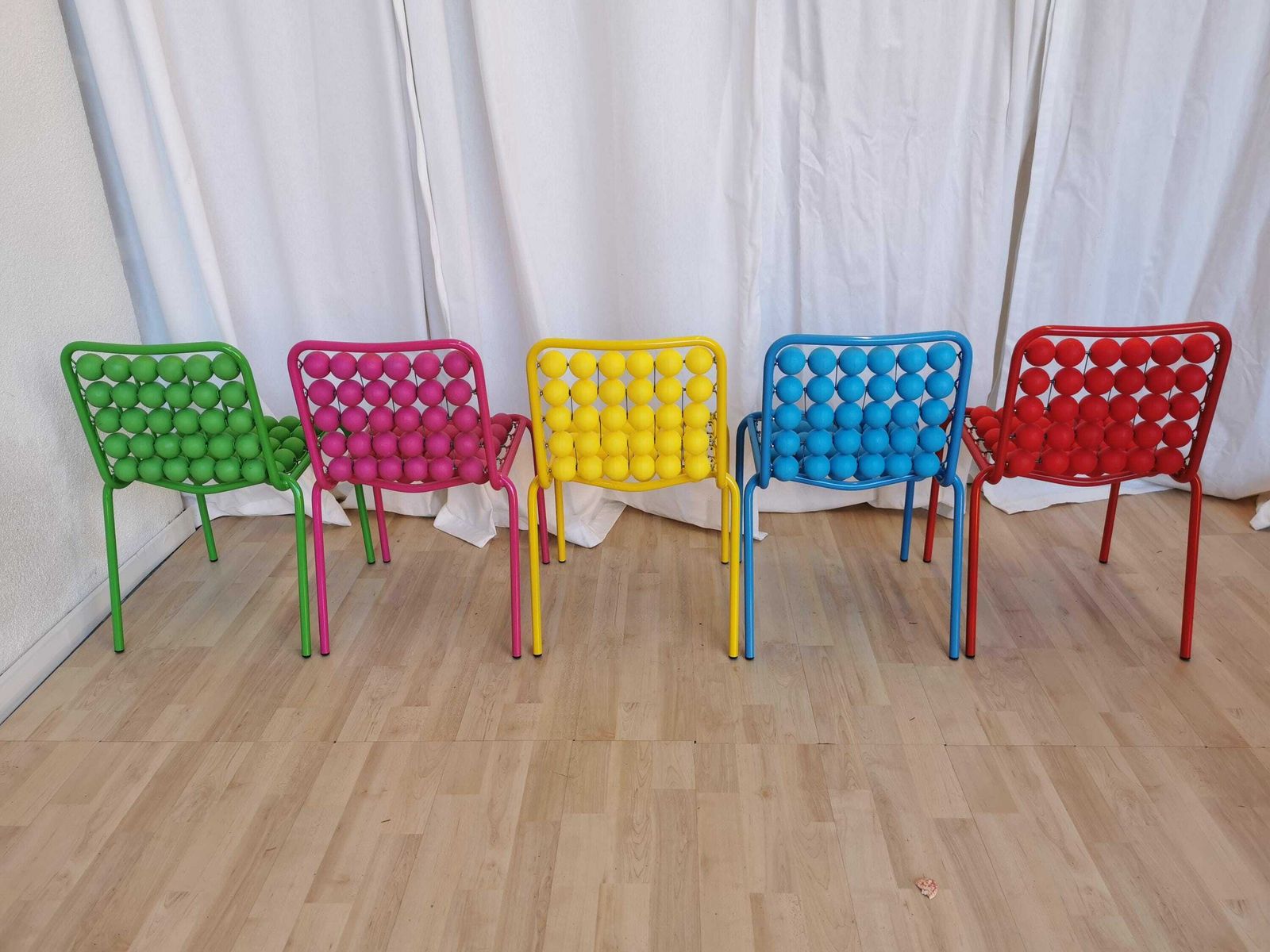 Set Of 5 Vintage Funky Pop Art Kids Chairs / Red Blue Yellow Pink Green Small Children Chair / Metal Base Plastic Balls / Slog Croatia 1980s photo 941.0