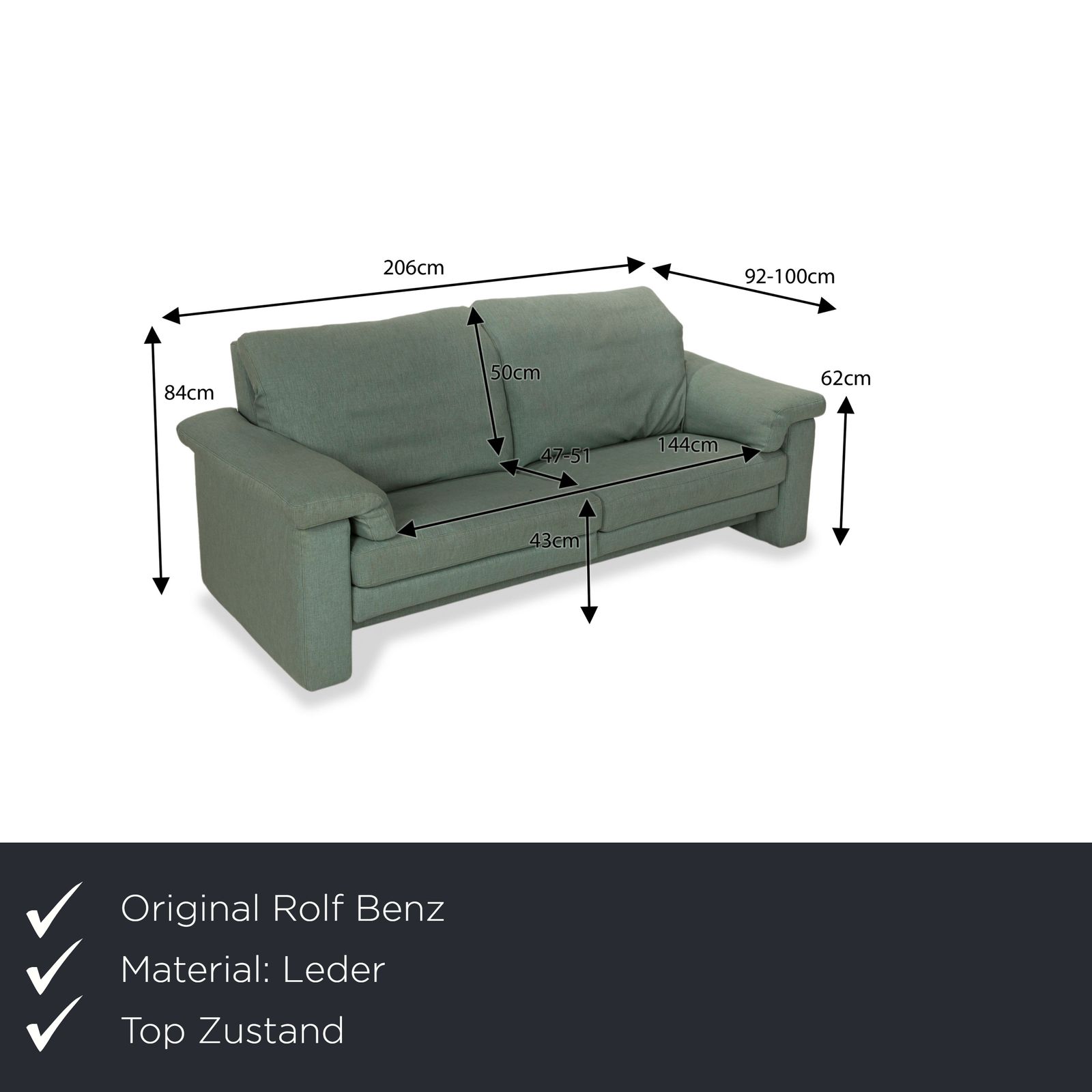 Canapé 2 places Rolf Benz 4000 en cuir, vert-bleu, à fonction manuelle photo furniture