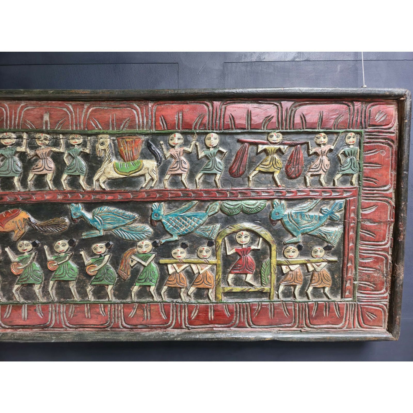 Antique Indian Teakwood Wall Decor (1800s) – Hand Painted Tribal & Animal Motif Artwork | Hand Carved Folk Art From India photo 995.0