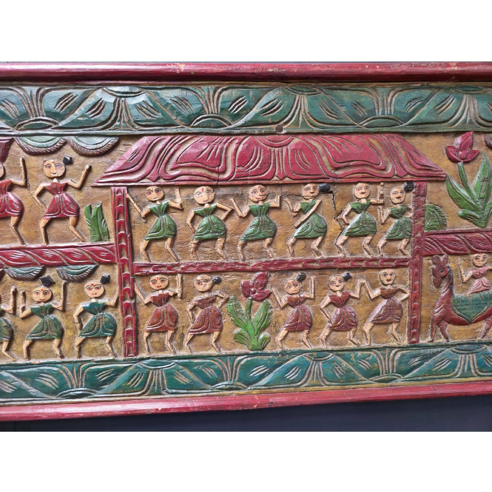 Antique Indian Teakwood Wall Decor (1800s) – Hand Painted Tribal & Animal Motif Artwork | Hand Carved Folk Art From India photo buy