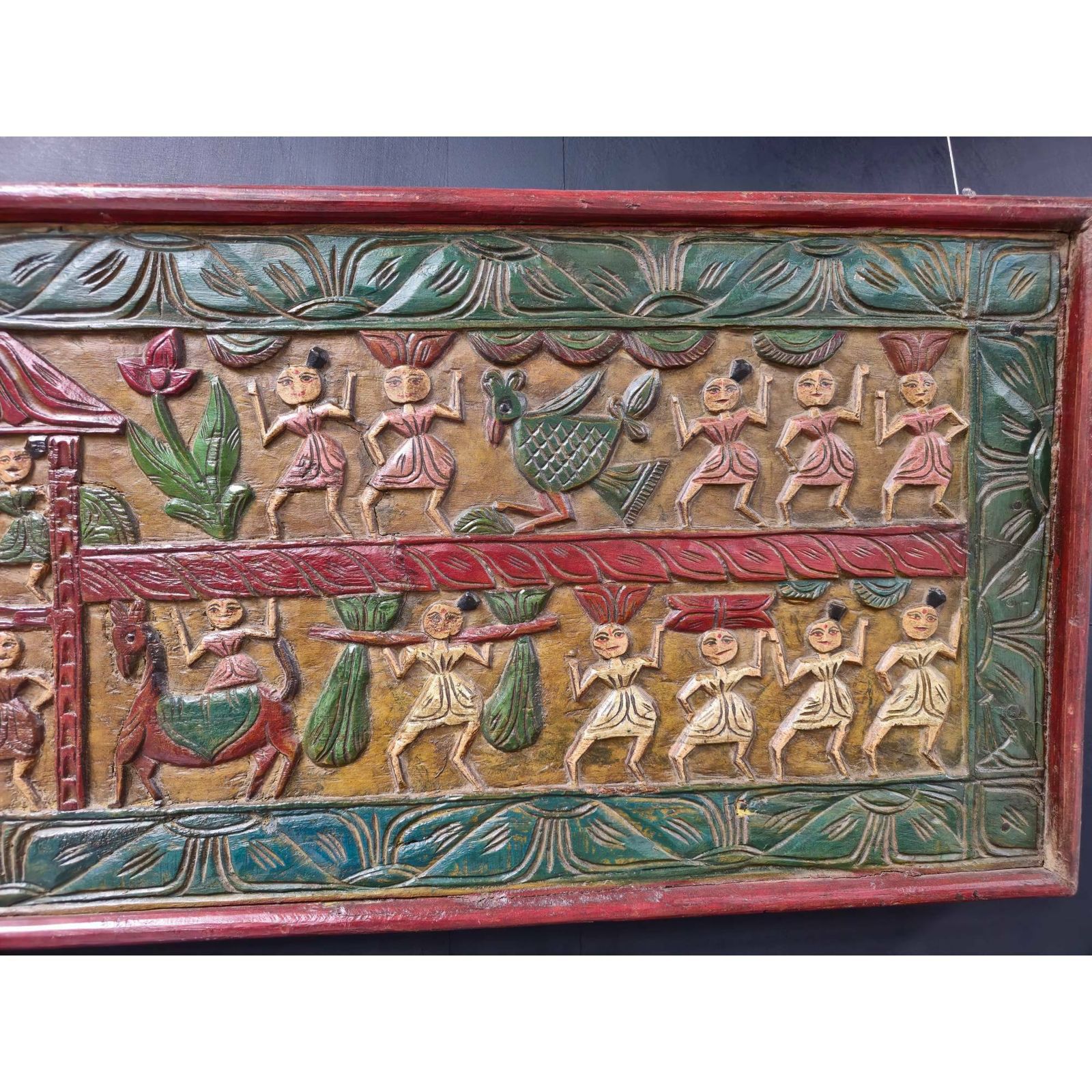Antique Indian Teakwood Wall Decor (1800s) – Hand Painted Tribal & Animal Motif Artwork | Hand Carved Folk Art From India photo vinterior