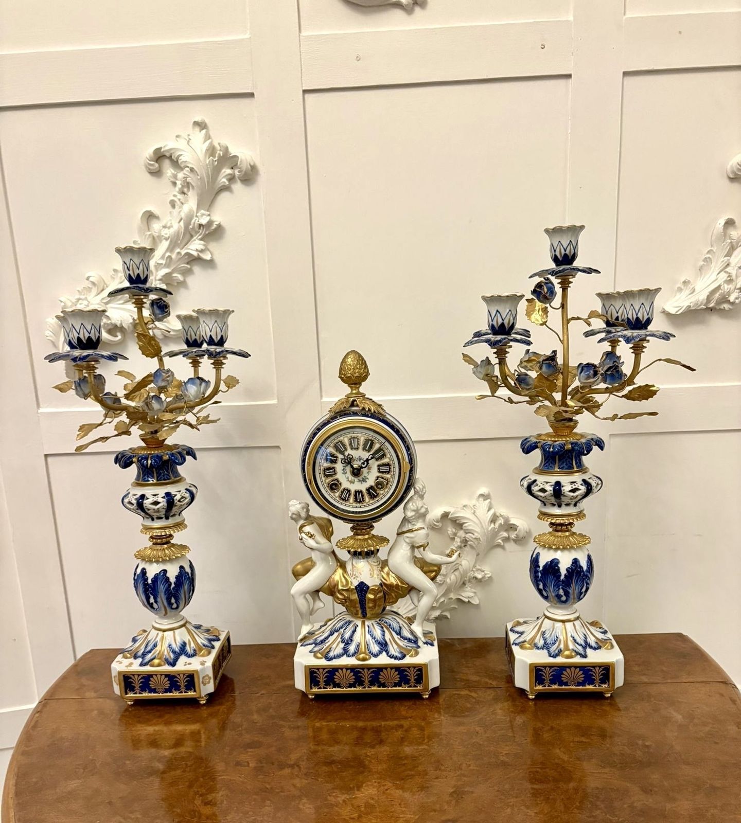 Outstanding Quality Large Antique 19th Century French Porcelain And Gilded Metal Clock Set
