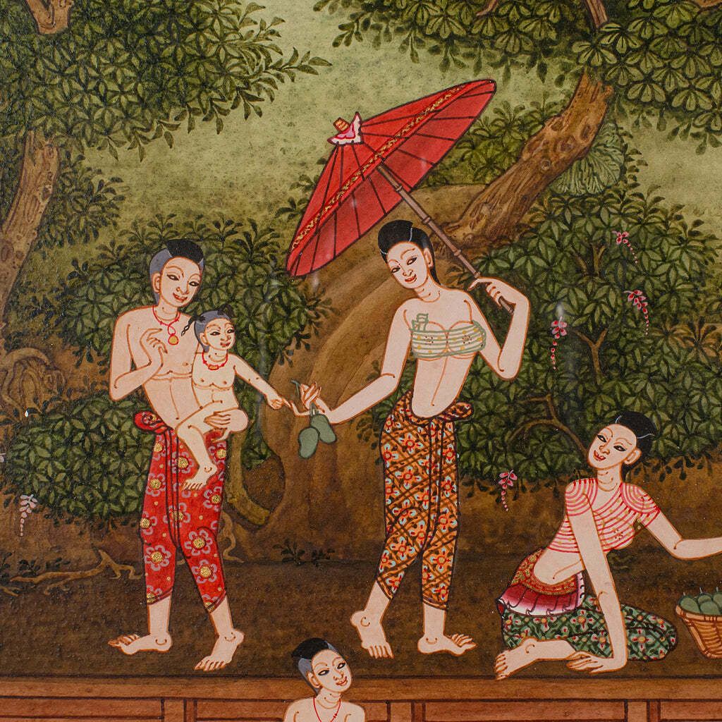 Vintage Far Eastern Painting, Thai, Framed Gouache, Folk Art, Female Figures photo 595.0
