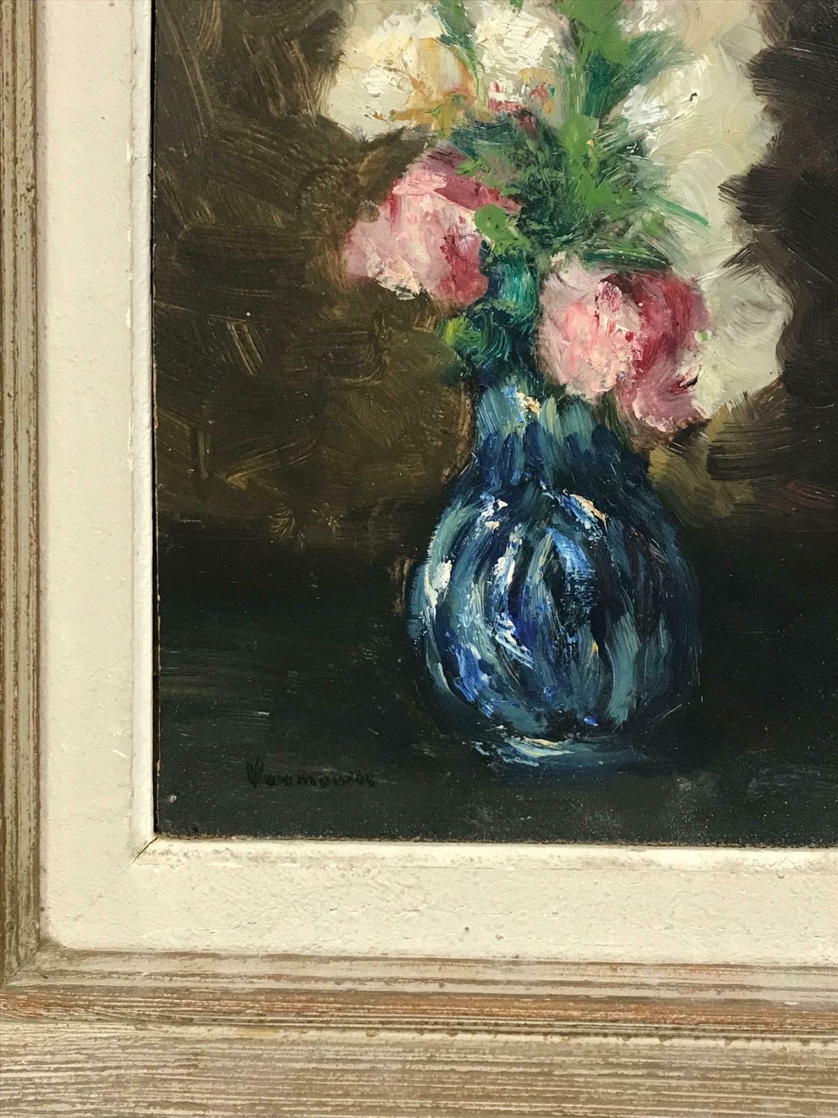 French Schoolmid Century French Impressionist Signed Oil Pretty Flowers In Blue Vasec. 1950's photo 714.0