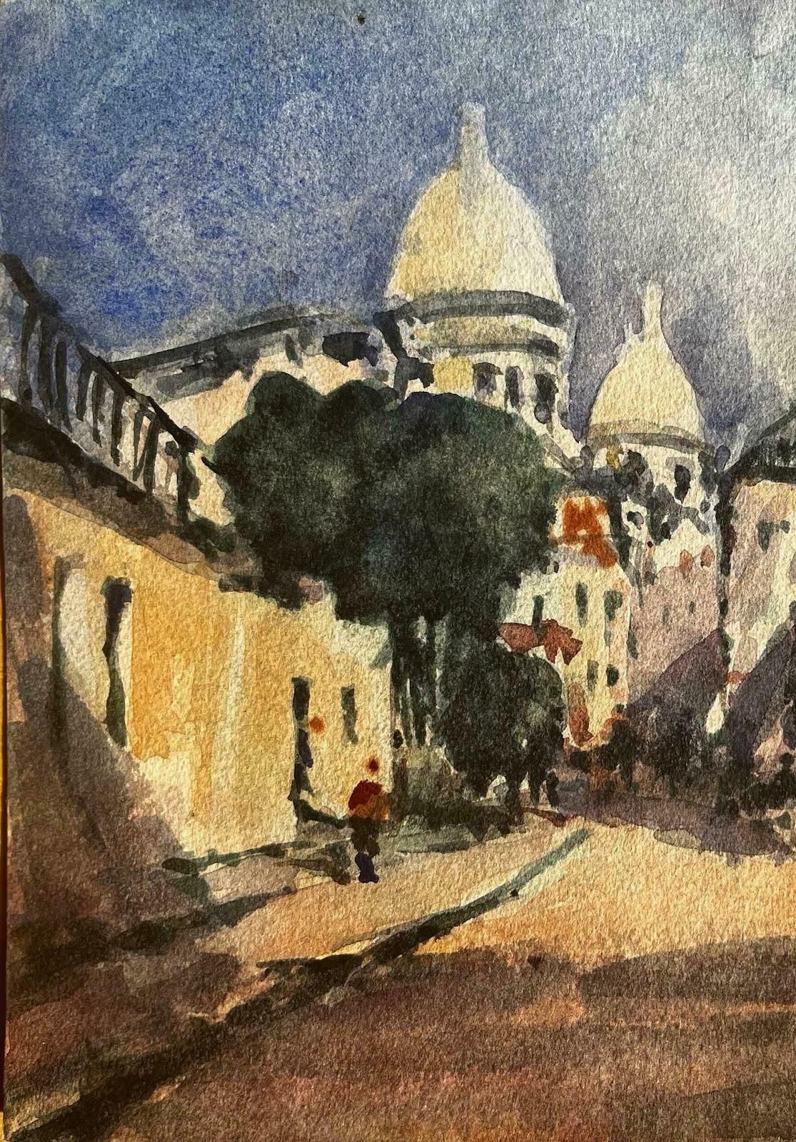Unknownfrench Impressionist Watercolor Landscape Sacre Coeur Montmartre Paris Streets20th Century photo for sale
