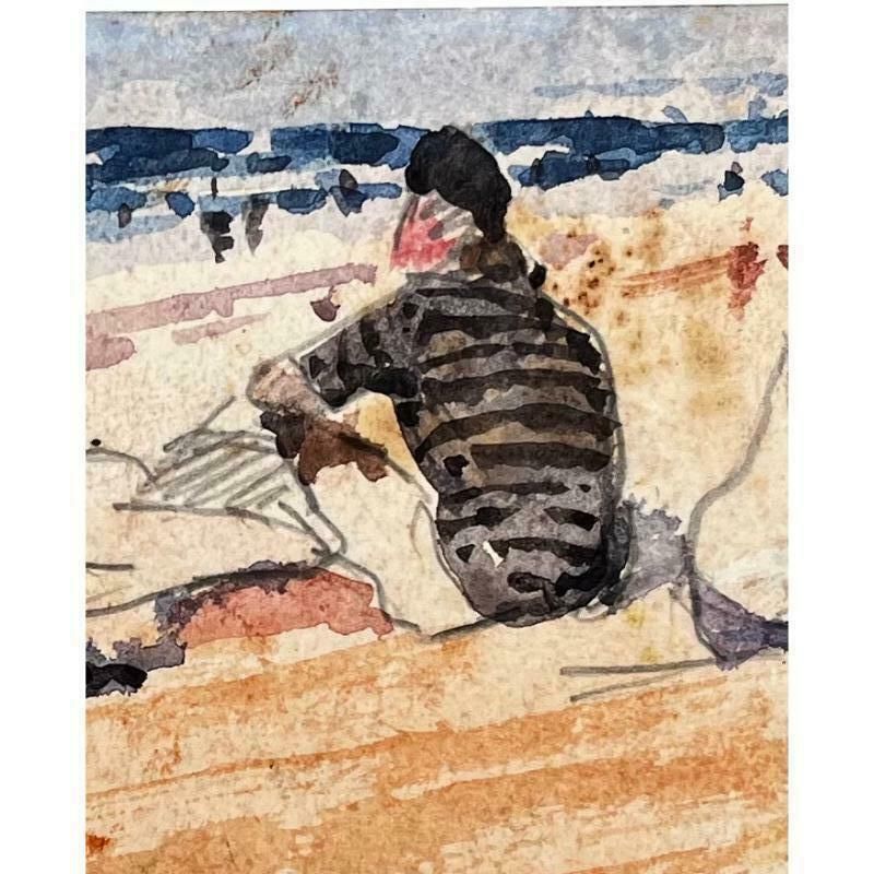 Unknownfrench Impressionist Watercolor Landscape   "Bathers Enjoying A Day By The Sea"20th Century photo for sale